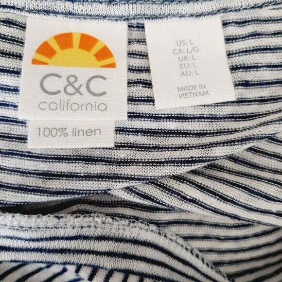 C&C California 100% Linen Stripe Navy & White Tee Sz L - Picture 10 of 10